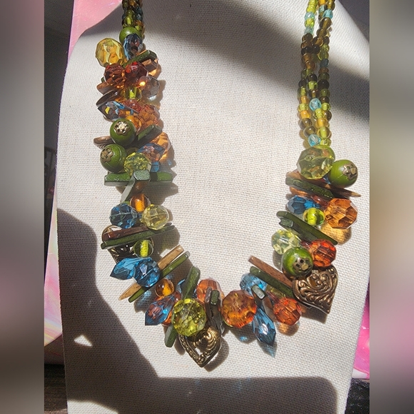 Source Unknown Jewelry - Boho Green, Brown,Blue beads  w wood and hearts choker necklace